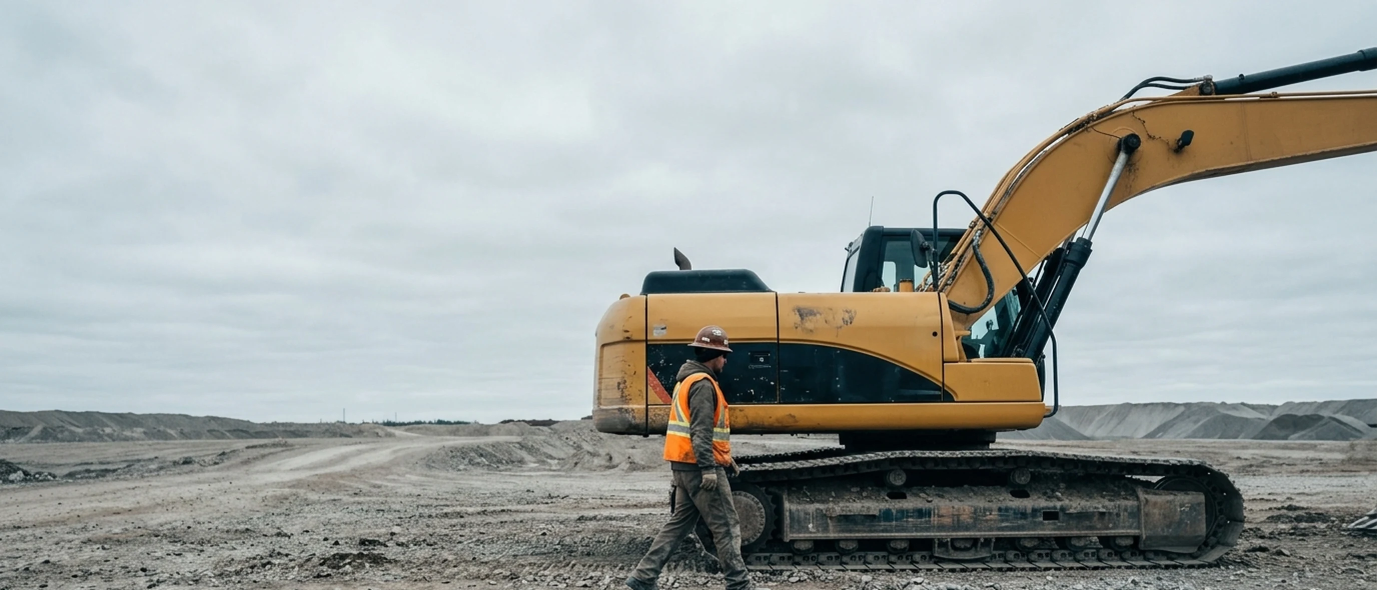 Trabajador caminando junto a una excavadora en un sitio de trabajo.