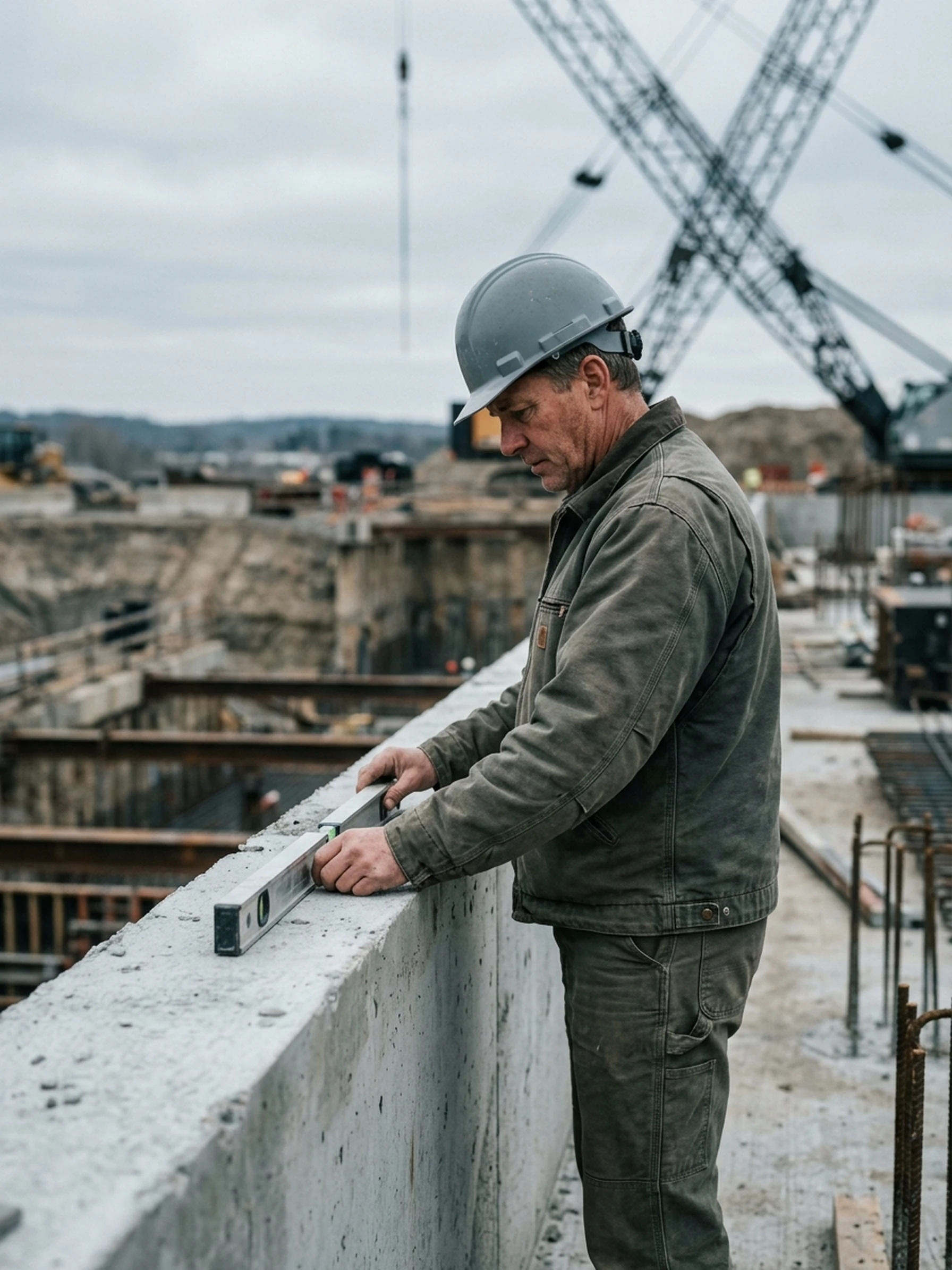 Persona verificando el nivel de una estructura de concreto con un nivel de burbuja, obra en construcción al fondo.